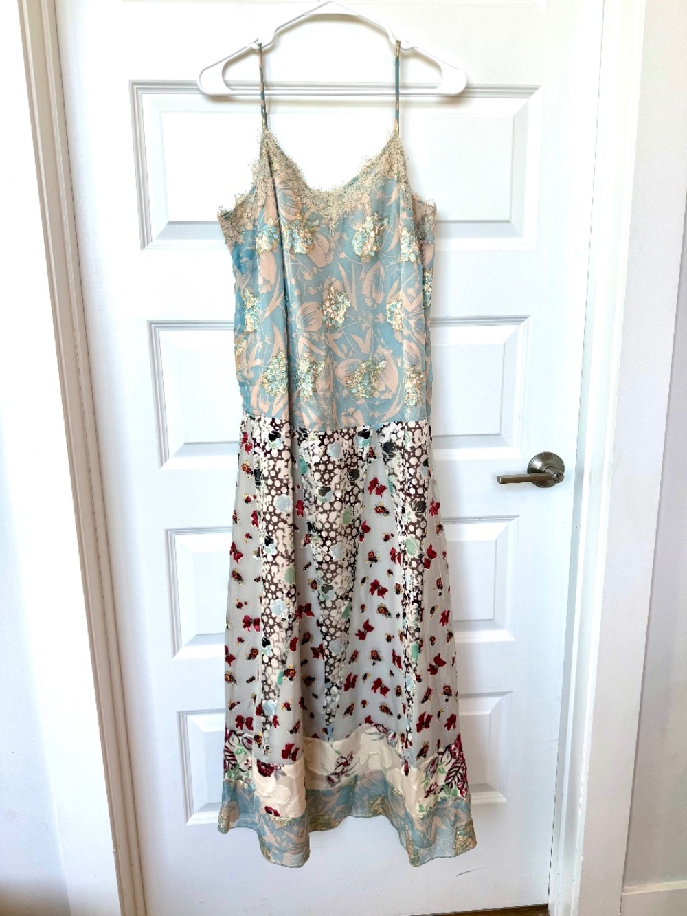 Anna Sui 90s Mixed Floral Print Silk Patchwork Maxi Dress Lace Trim